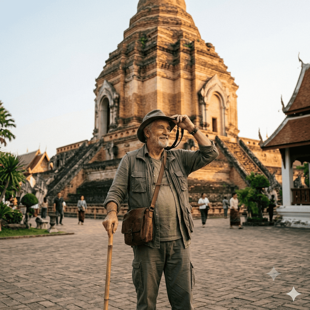 Traveler in a hat standing before an ancient temple in Chiang Mai, Thailand