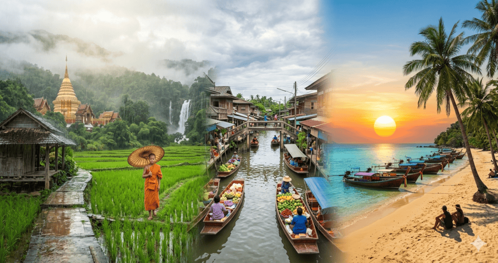 Best Time to Visit Thailand (2026 Guide): Why There's No Bad Month Thailand scenery across the seasons - green northern rice fields, floating market, and tropical beach sunset