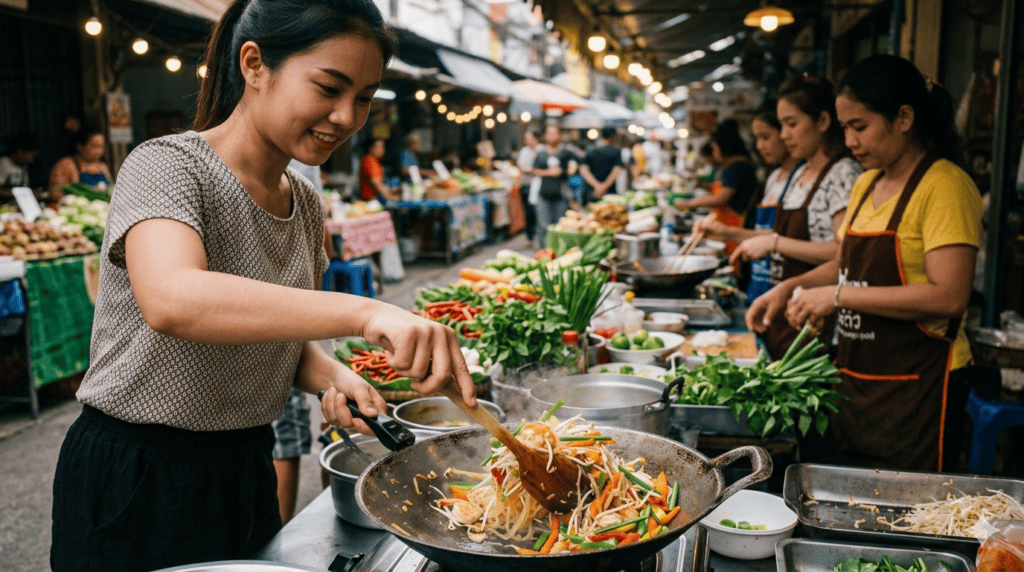 How to Choose a Thai Cooking Class in Chiang Mai (From Someone Who Ran One) Thai woman cooking pad thai in a wok at a Chiang Mai street market