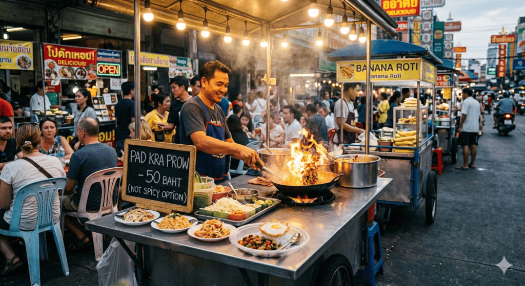Not Just Pad Thai: A Beginner’s Guide to Thailand’s Incredible Street Food Vibrant Thai street food stall in Bangkok serving authentic Pad Kra Prow