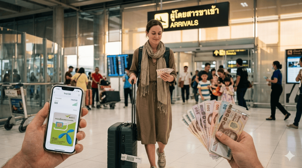 The Ultimate Thailand Logistics Guide: Everything You Need to Know Before You Land Traveler arriving at Bangkok airport with luggage, Thai SIM card and baht