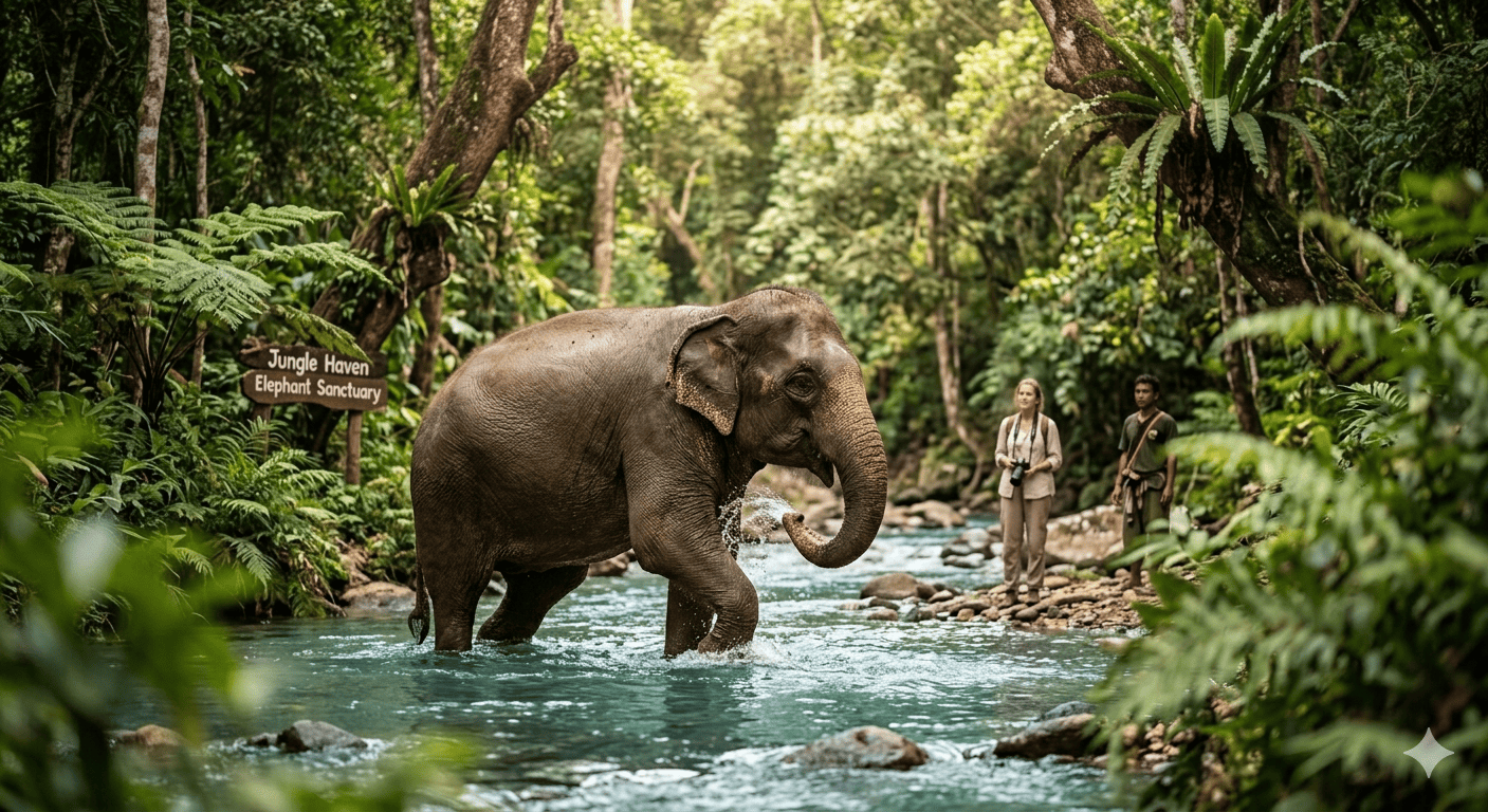 An ethical elephant sanctuary in the Thai jungle, featuring a healthy elephant walking through a river with lush green foliage.