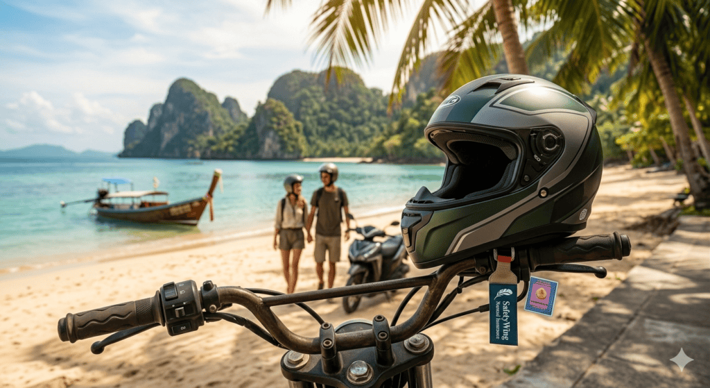 Travel Insurance for Thailand: Why SafetyWing is a Must in 2026. A motorcycle helmet on a scooter in Thailand, emphasizing road safety and insurance.