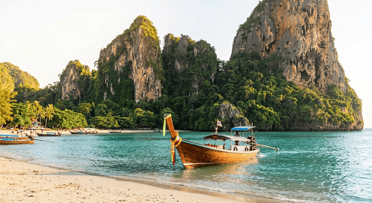 A traditional Thai long-tail boat on crystal clear turquoise water in Railay Beach, Thailand.
