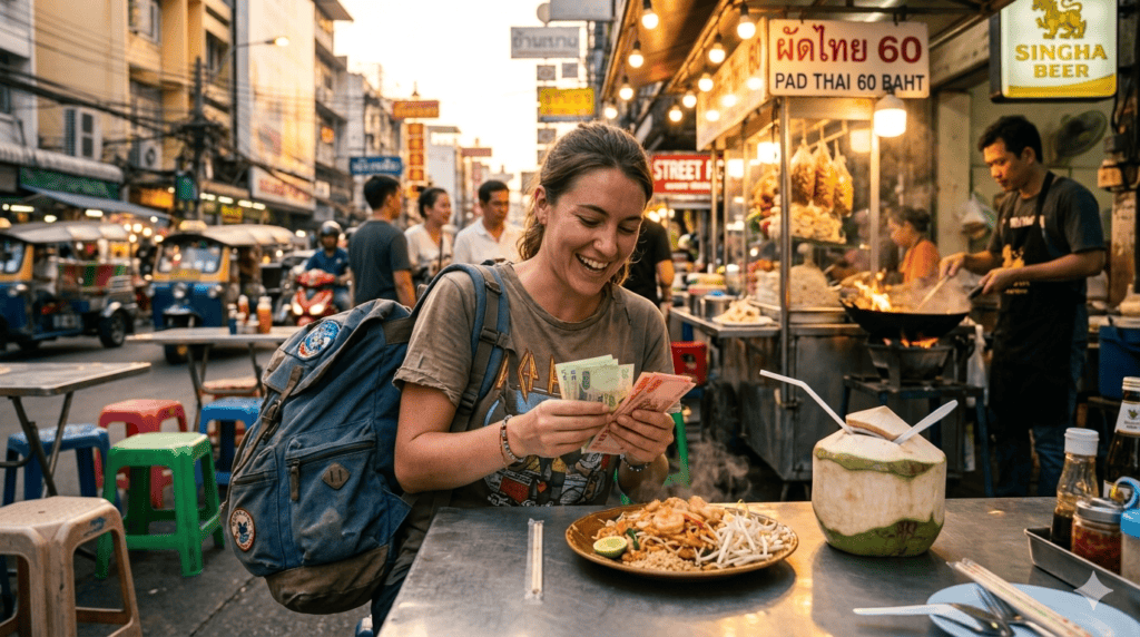 Thai baht banknotes and travel essentials — illustrating Thailand trip costs for 2026