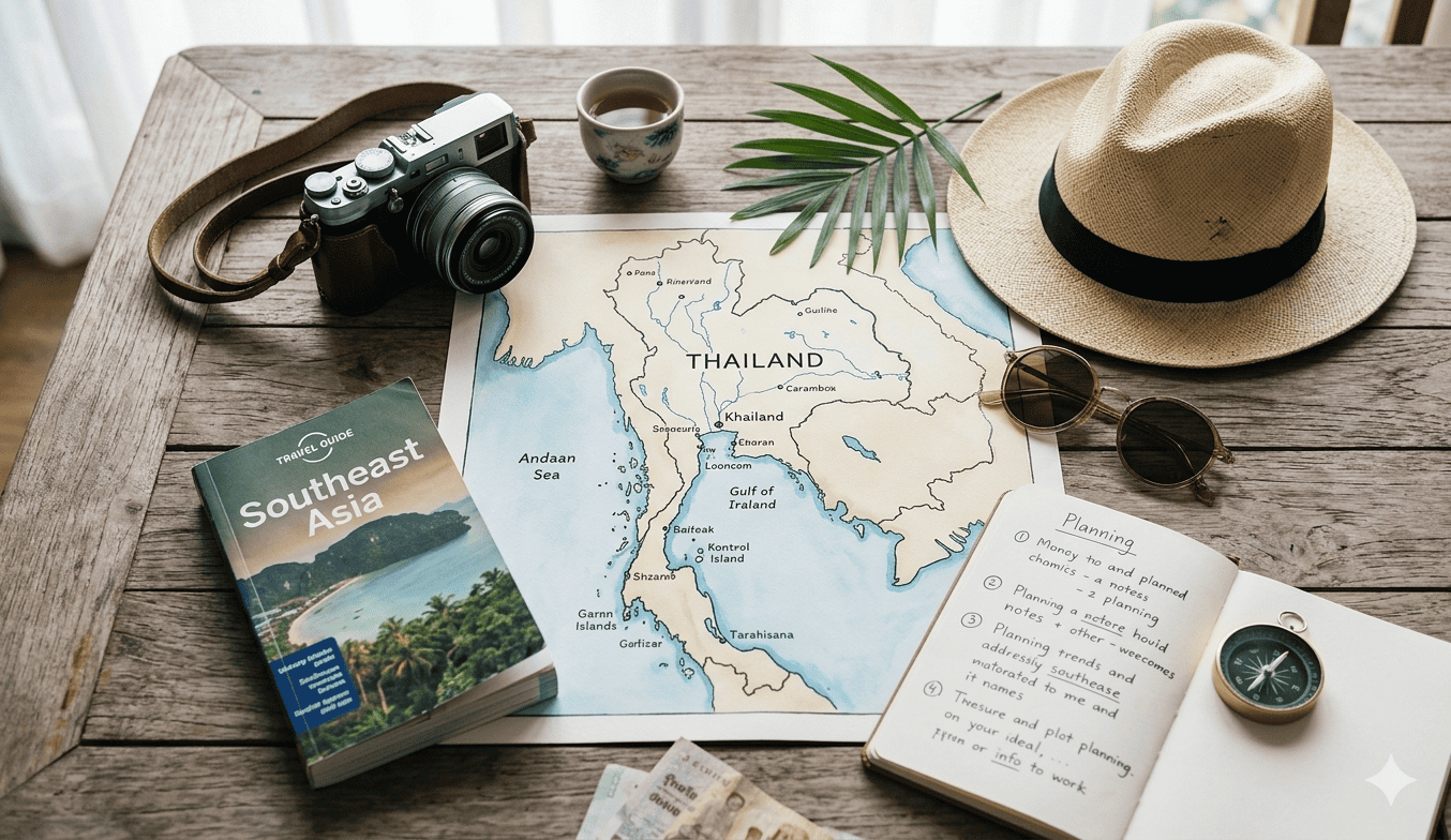 Top view of Thailand map with travel planning accessories like a camera, hat, and notebook on a wooden table.