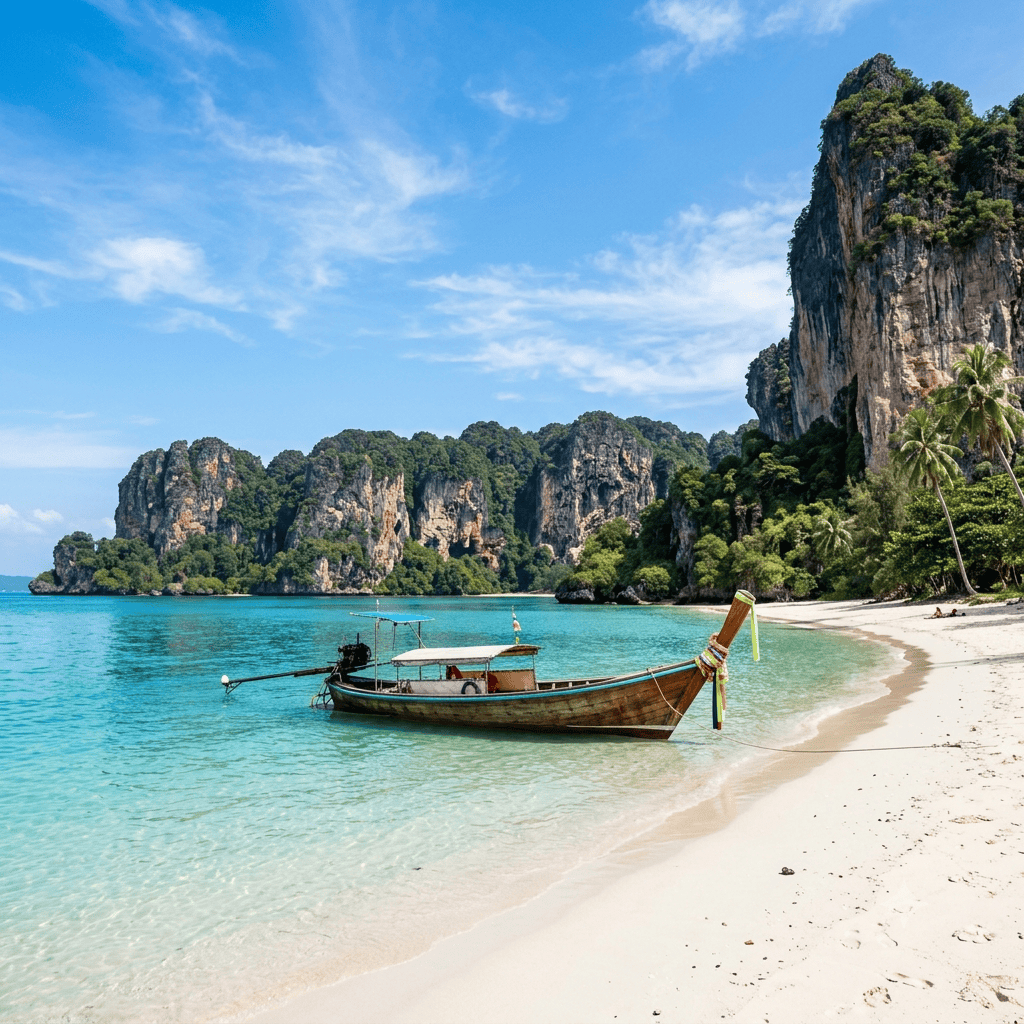 Longtail boat on a turquoise beach with limestone cliffs in Krabi, Thailand