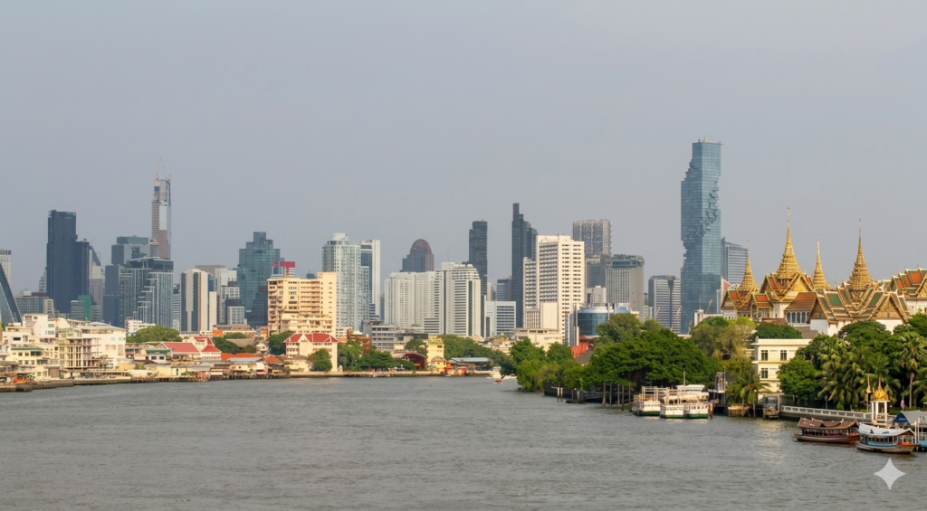 Bangkok for First-Timers: What to See, Eat & Do Grand Palace and Wat Phra Kaew seen from the Chao Phraya River, Bangkok, Thailand