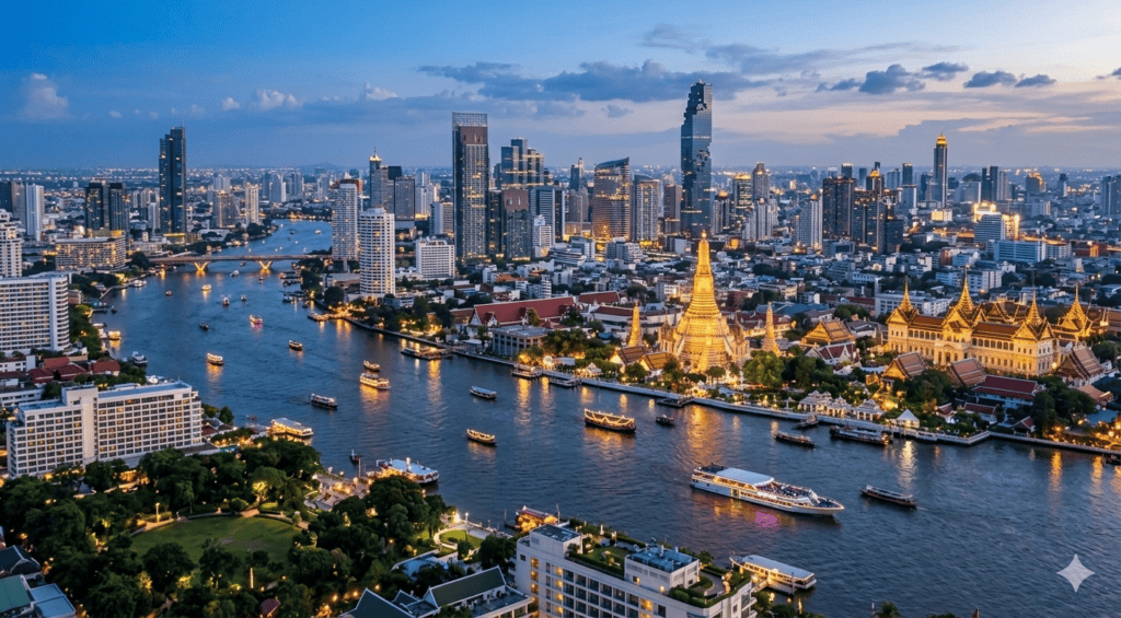 Bangkok skyline and Chao Phraya River with boats and riverside buildings
