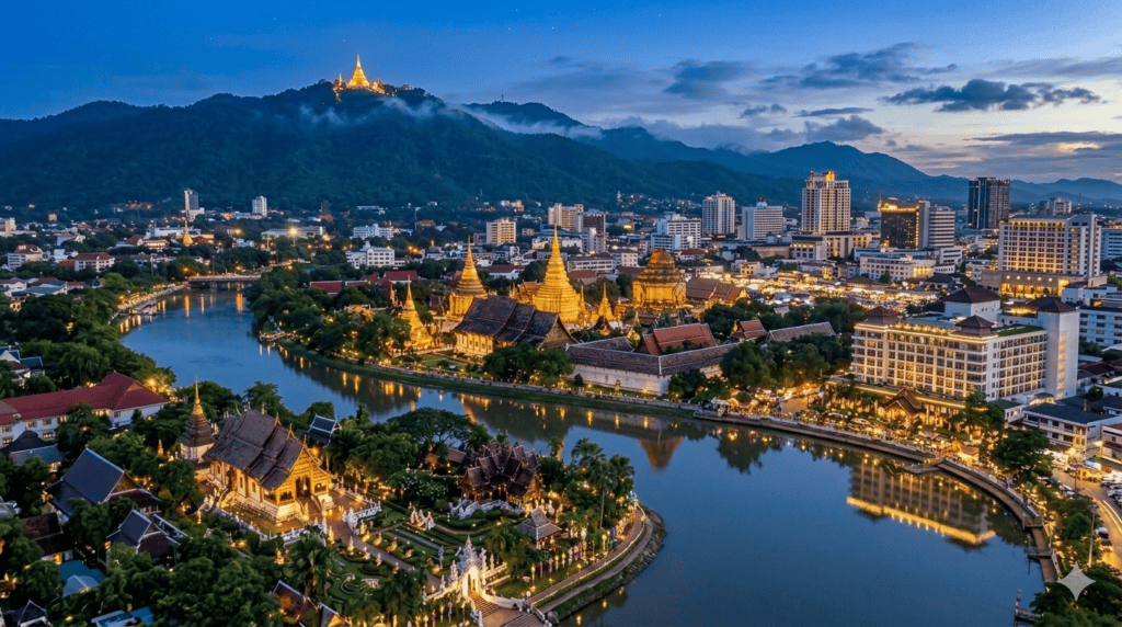 Chiang Mai Travel Guide: Everything You Need to Know Aerial view of Chiang Mai old city temples and streets in northern Thailand