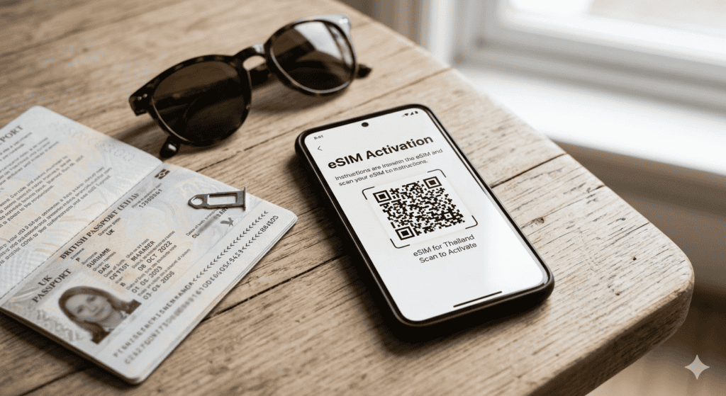 Smartphone showing an eSIM QR code activation screen next to a passport, ready for Thailand travel
