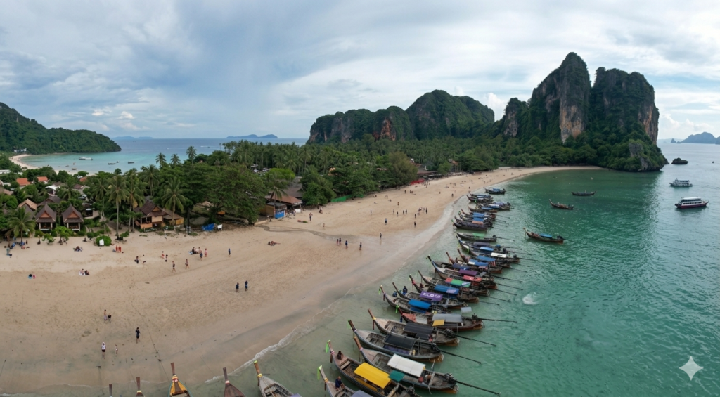 Krabi & Ao Nang Travel Guide: Beaches, Things to Do & Where to Stay Limestone cliffs rising above turquoise water at Railay Beach, Krabi, Thailand