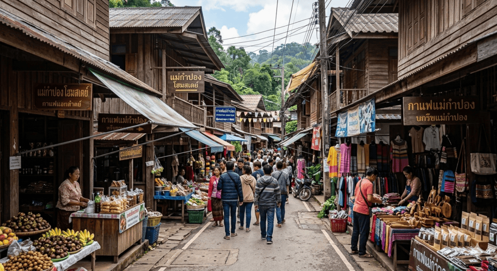 Wooden village houses beside a mountain stream in Mae Kampong near Chiang Mai, Thailand