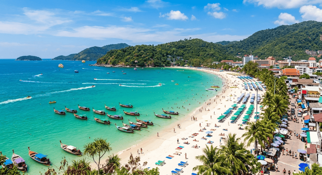 Quiet beach in Phuket Thailand with clear water and palm trees