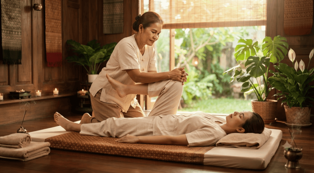 Thai Massage: What to Expect and How to Choose a Good One Traditional Thai massage therapist performing a back stretch on a client at a wellness spa in Thailand