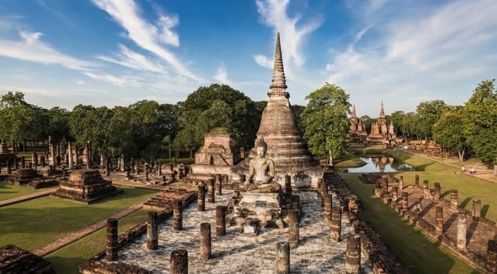 Ancient seated Buddha statues among the ruins of Wat Mahathat in Sukhothai Historical Park