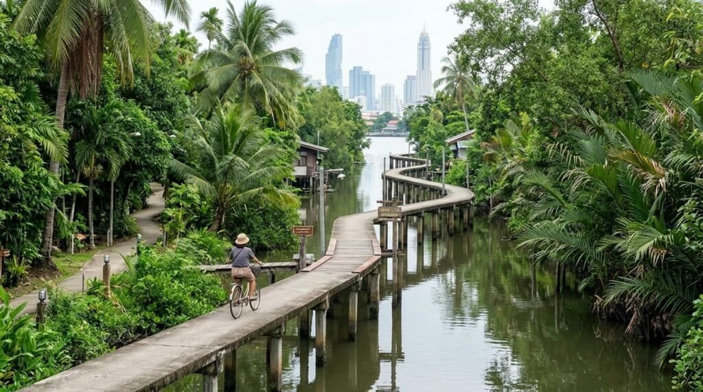 Elevated bike path through green jungle in Bang Krachao, Bangkok's Green Lung