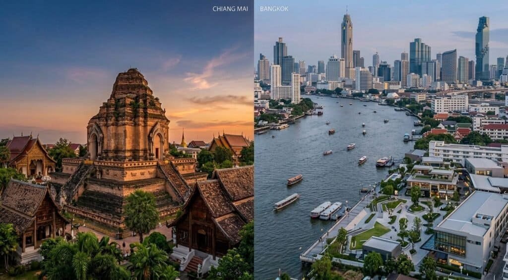 Chiang Mai vs Bangkok Guide Golden temple in Chiang Mai beside the Bangkok skyline at dusk