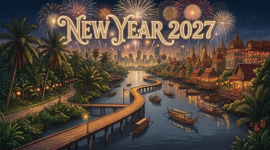 New Year 2027 fireworks over a river skyline in Thailand