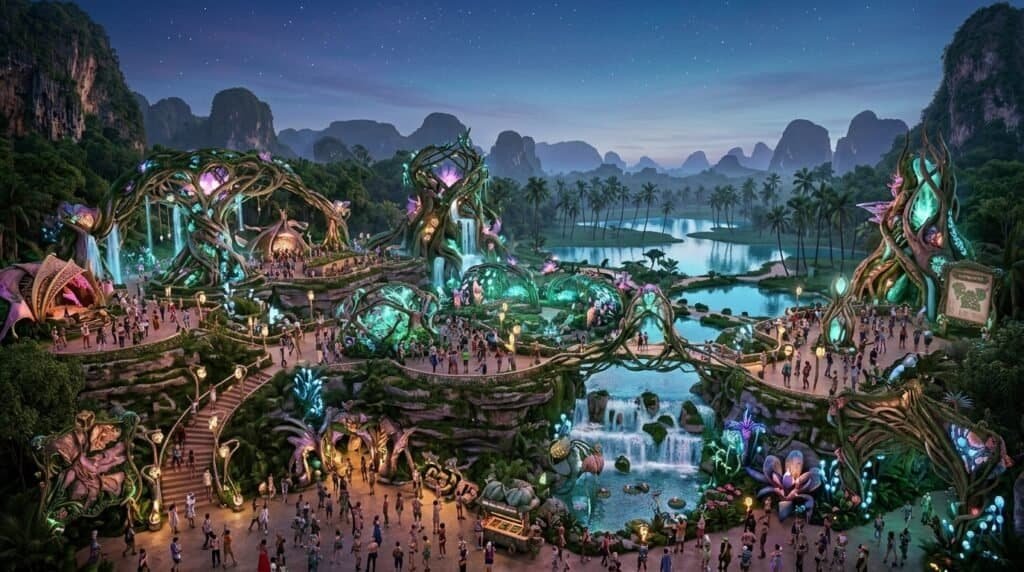 Tomorrowland Thailand Guide (2026) Illustration of a night music festival in a tropical valley near Pattaya, Thailand